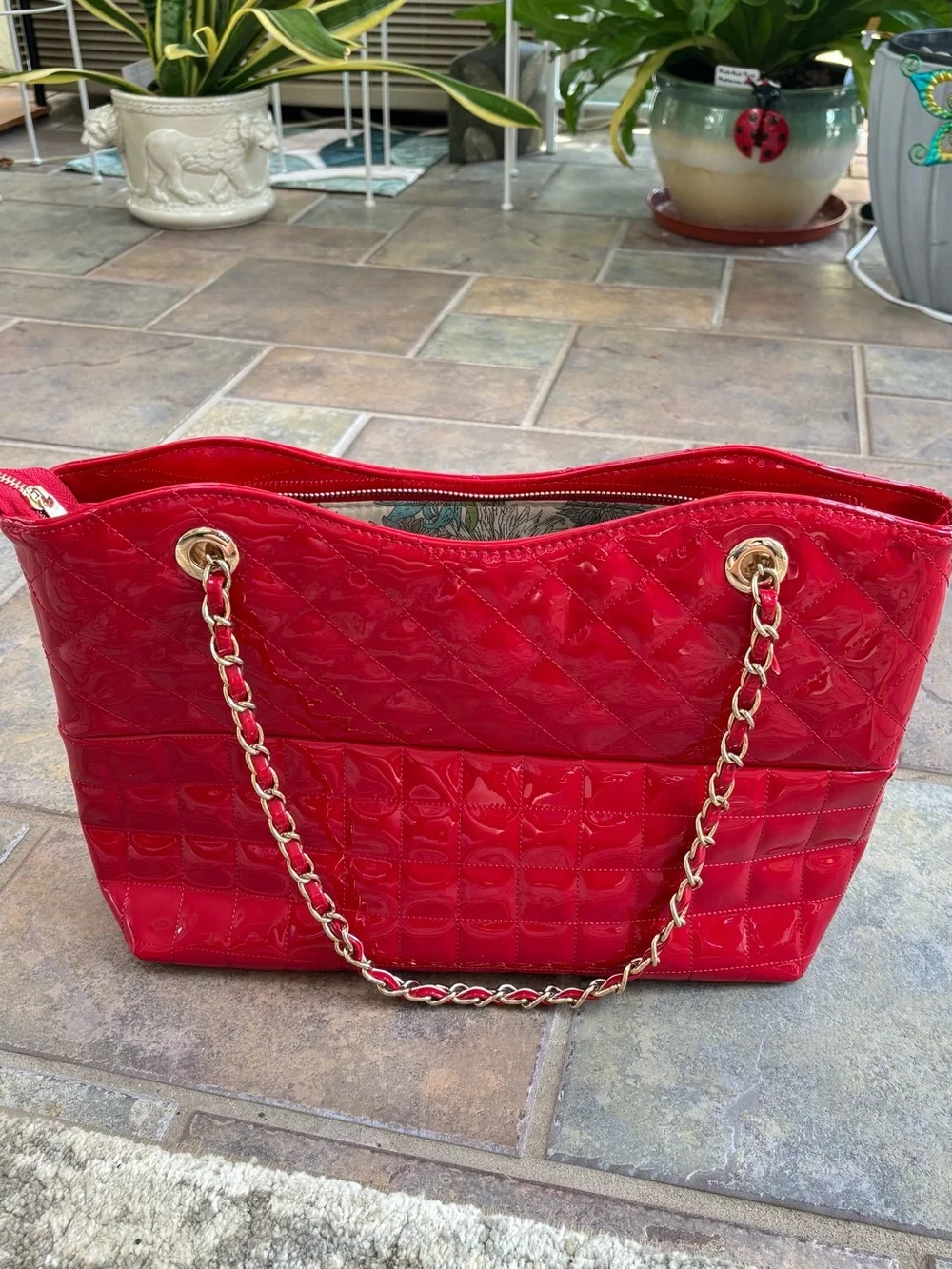Red Quilted Patent Shoulder Tote with Gold Emblem